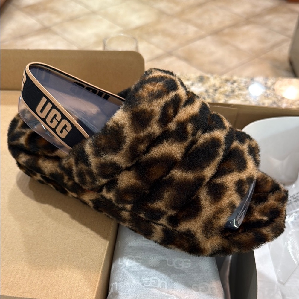 UGG Fluff Yeah Slide in Brown Panther Pattern